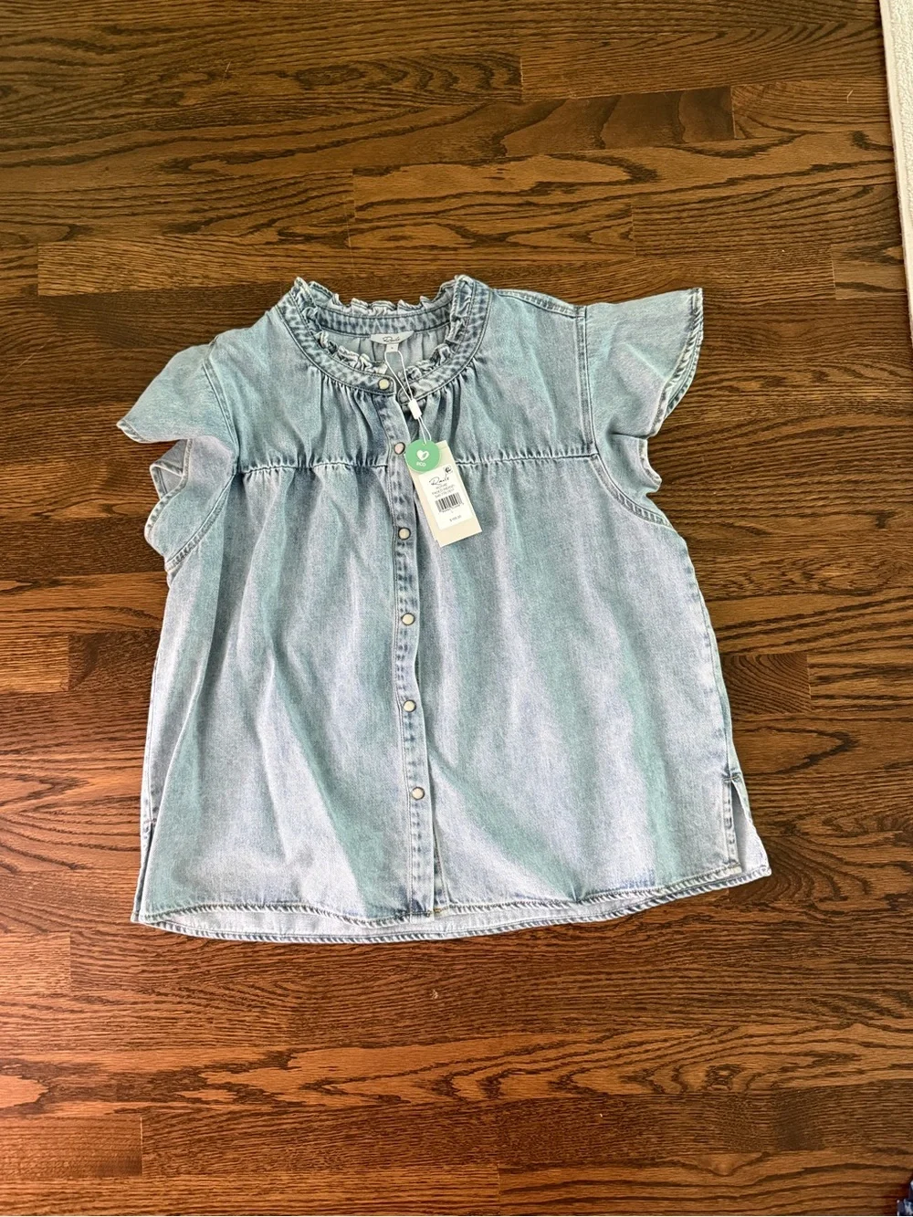 Rails Light Wash Denim Ruffle-Neck Cap Sleeve Blouse - Picture 3 of 3